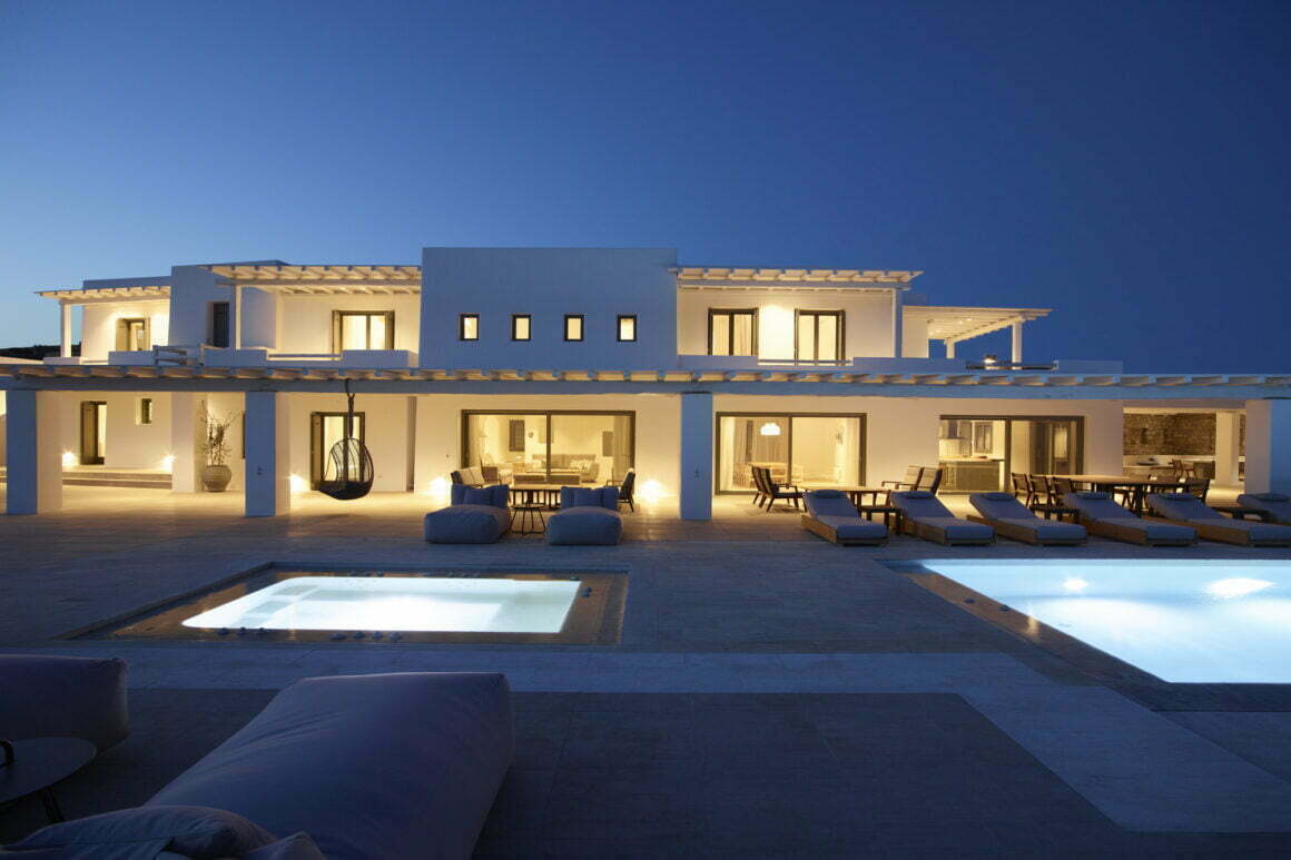 night - luxury blue emerald villa mykonos
