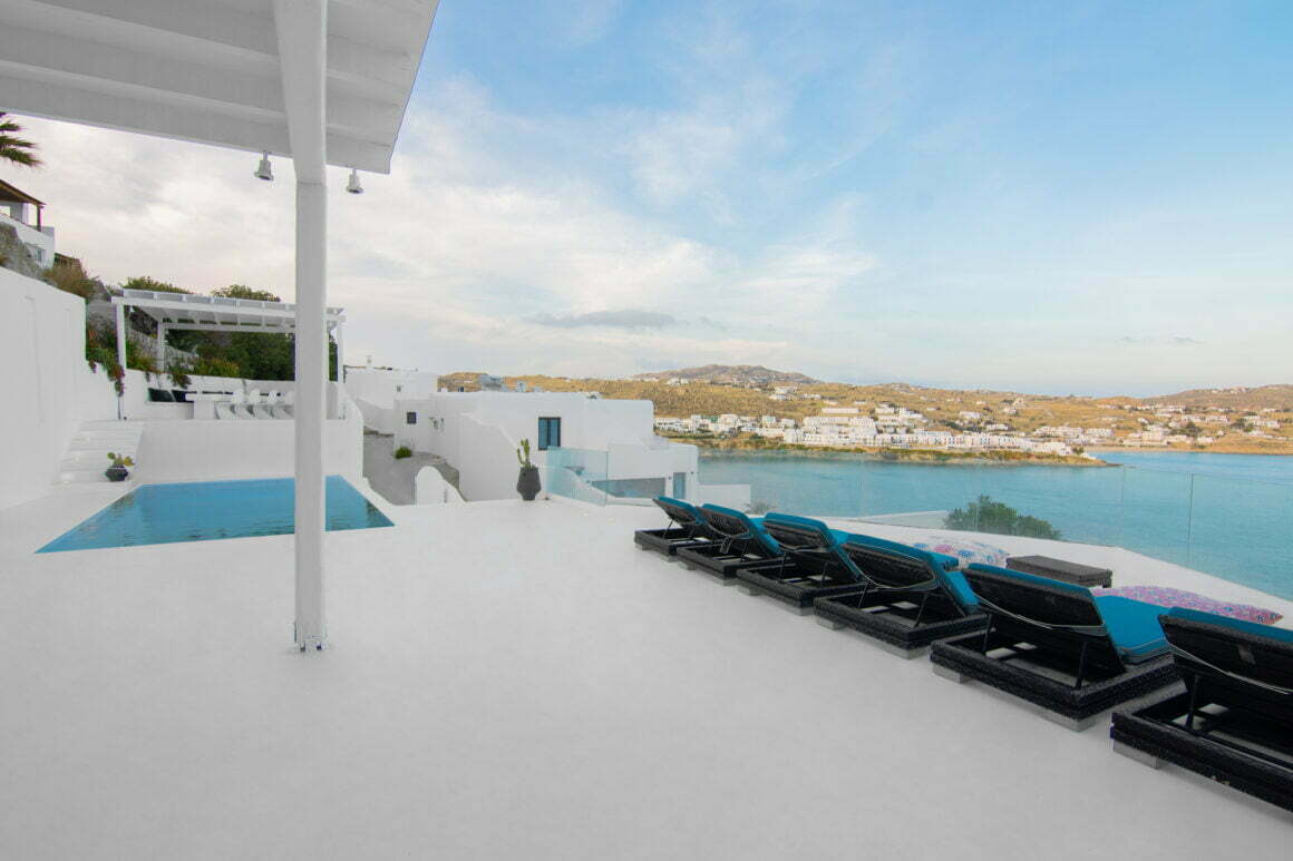 white blue villa mykonos aquablue - pool view
