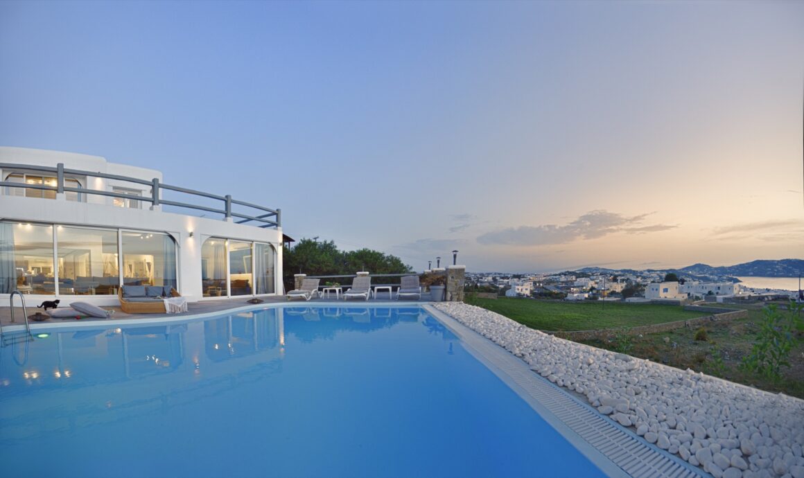 view of villa for rent in mykonos - serenna villa casa bianco luxury pool